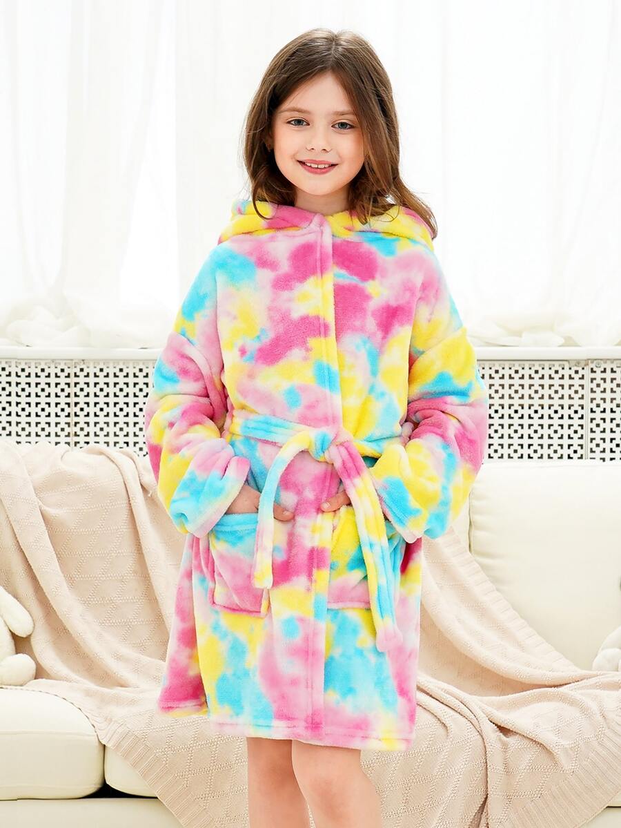 女孩紮染落肩袖雙口袋連帽腰帶法蘭絨休閒服睡袍