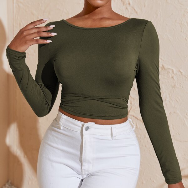

Solid Crisscross Tied Backless Crop Tee, Army green
