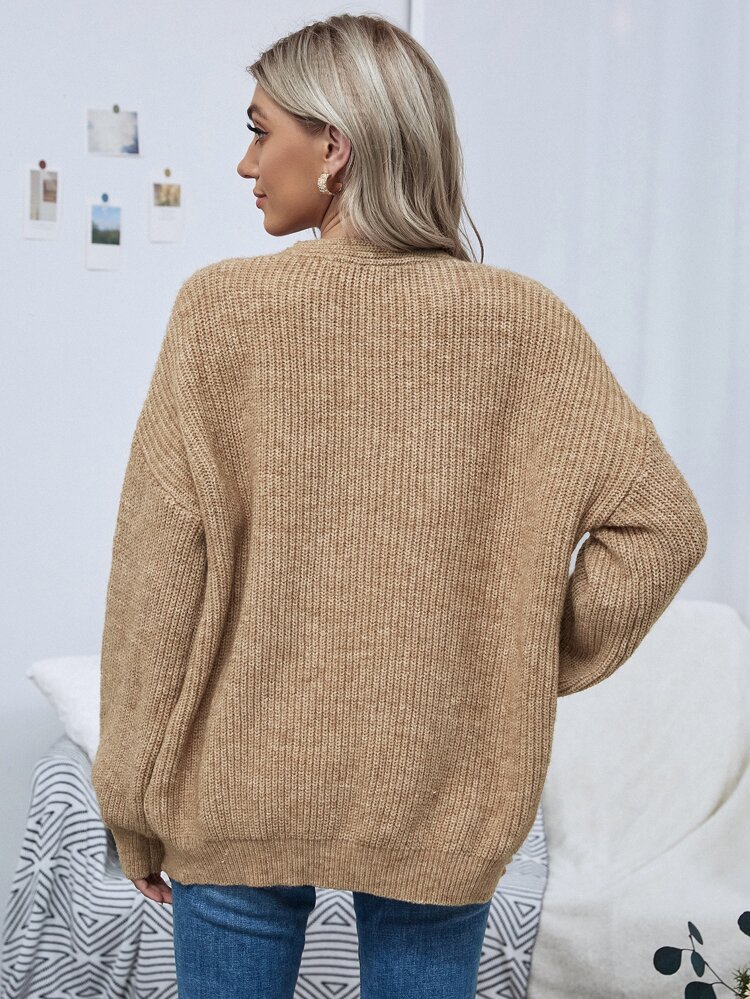 Offene Vorderseite Drop Shoulder Einfarbiger Strickjacke, Damen Frühling/Herbst Lässig Drop Shoulder Regular Fit Apricot Einfarbige Damen Strickjacken, Lässig für den täglichen Gebrauch, Langarm Oberteile
