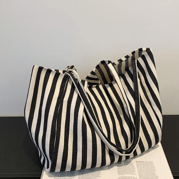 

Two Tone Stripe Shoulder Tote Bag, Black and white