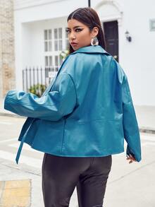 大碼青果領扣飾PU皮革西裝外套 - 藍色 - 查看 2