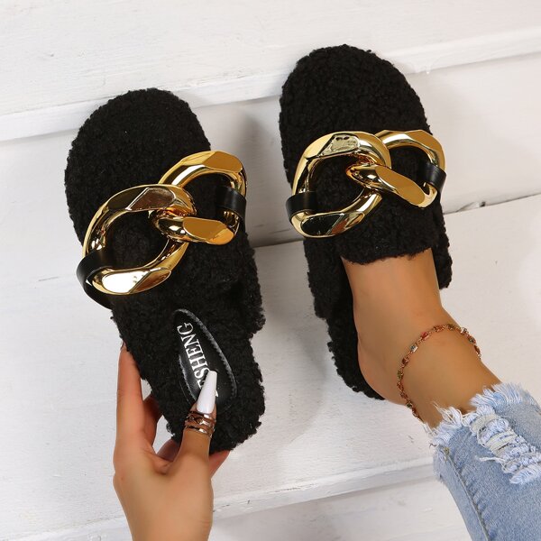 

Chain Decor Fluffy Flat Mules, Black