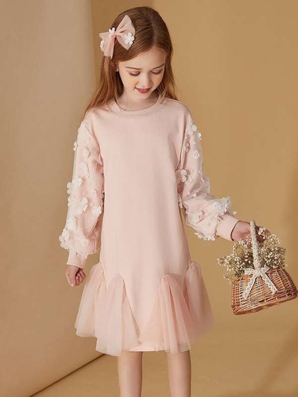 Girls Appliques Godet Mesh Dress