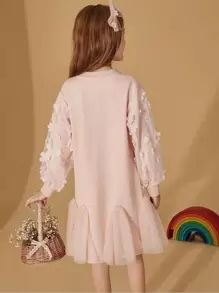 女孩貼花三角布網紗連衣裙 - 淺粉色 - 查看 2