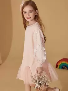 女孩貼花三角布網紗連衣裙 - 淺粉色 - 查看 3