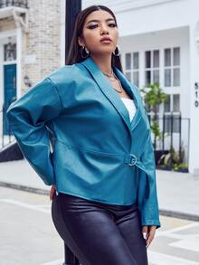 大碼青果領扣飾PU皮革西裝外套 - 藍色 - 查看 5