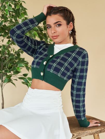 SHEIN EZwear Plaid Pattern Button Front Crop Cardigan