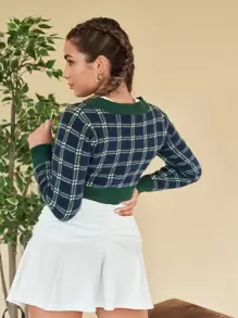 SHEIN EZwear 格紋圖案前紐扣短款開衫 - 彩色 - 查看 2