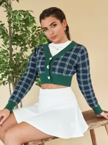 SHEIN EZwear 格紋圖案前紐扣短款開衫 - 彩色 - 查看 4