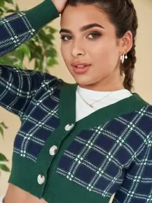 SHEIN EZwear 格紋圖案前紐扣短款開衫 - 彩色 - 查看 5