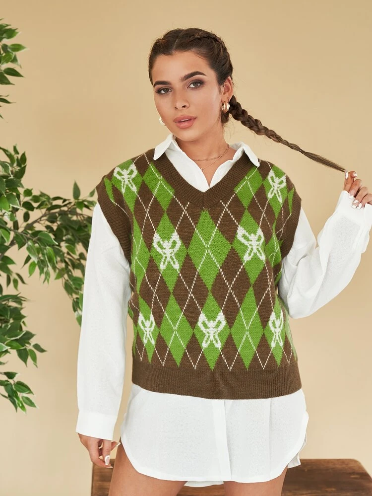 Butterfly & Argyle Pattern V Neck Sweater Vest