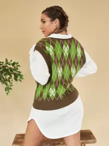 SHEIN EZwear Butterfly & Argyle Pattern V Neck Sweater Vest