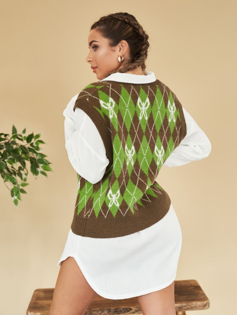 Butterfly & Argyle Pattern V Neck Sweater Vest