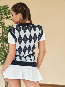 SHEIN 菱形印花V領不帶T恤毛衣背心 - 彩色 - 查看 2