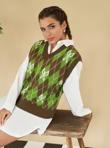 SHEIN EZwear Butterfly & Argyle Pattern V Neck Sweater Vest