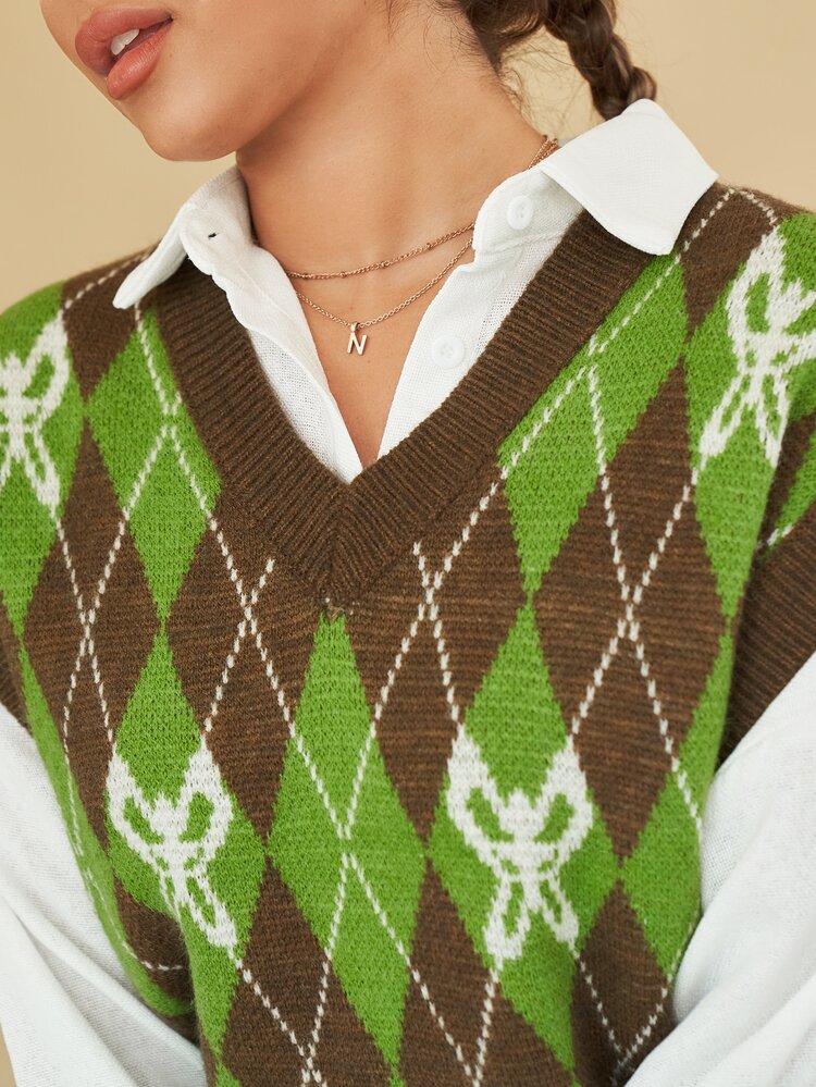 Butterfly & Argyle Pattern V Neck Sweater Vest