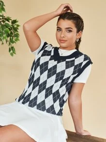 SHEIN 菱形印花V領不帶T恤毛衣背心 - 彩色 - 查看 4