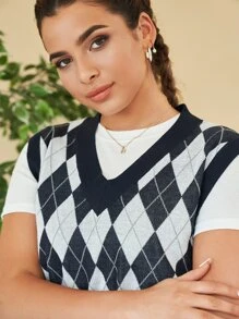SHEIN 菱形印花V領不帶T恤毛衣背心 - 彩色 - 查看 5