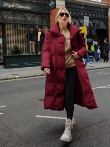 SHEIN Solid Belted Longline Padded Coat - Burgundy - View 1