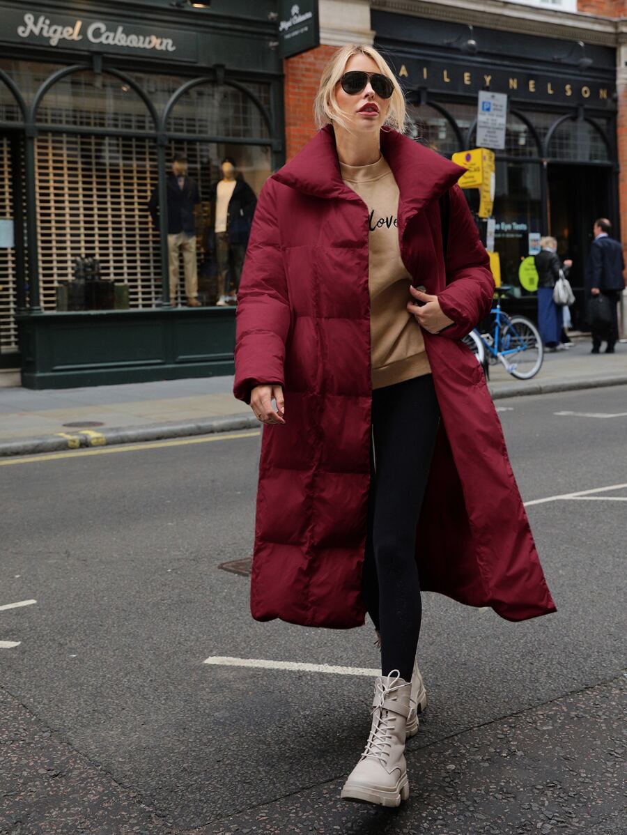 SHEIN Solid Belted Longline Padded Coat - Burgundy - View 1