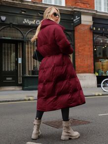 SHEIN Solid Belted Longline Padded Coat - Burgundy - View 2