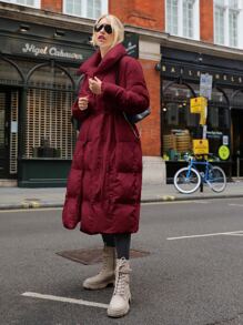 SHEIN Solid Belted Longline Padded Coat - Burgundy - View 3