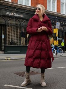 SHEIN Solid Belted Longline Padded Coat - Burgundy - View 4