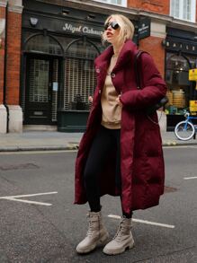 SHEIN Solid Belted Longline Padded Coat - Burgundy - View 5