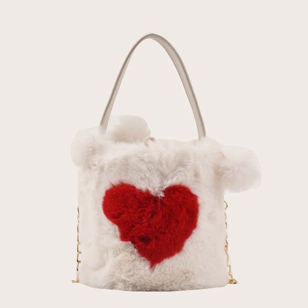 

Mini Heart Graphic Fluffy Bucket Bag, White