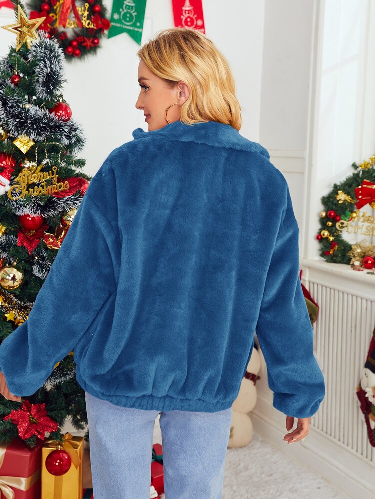 SHEIN 1入組落肩袖毛茸茸外套 - 藍色 - 查看 2