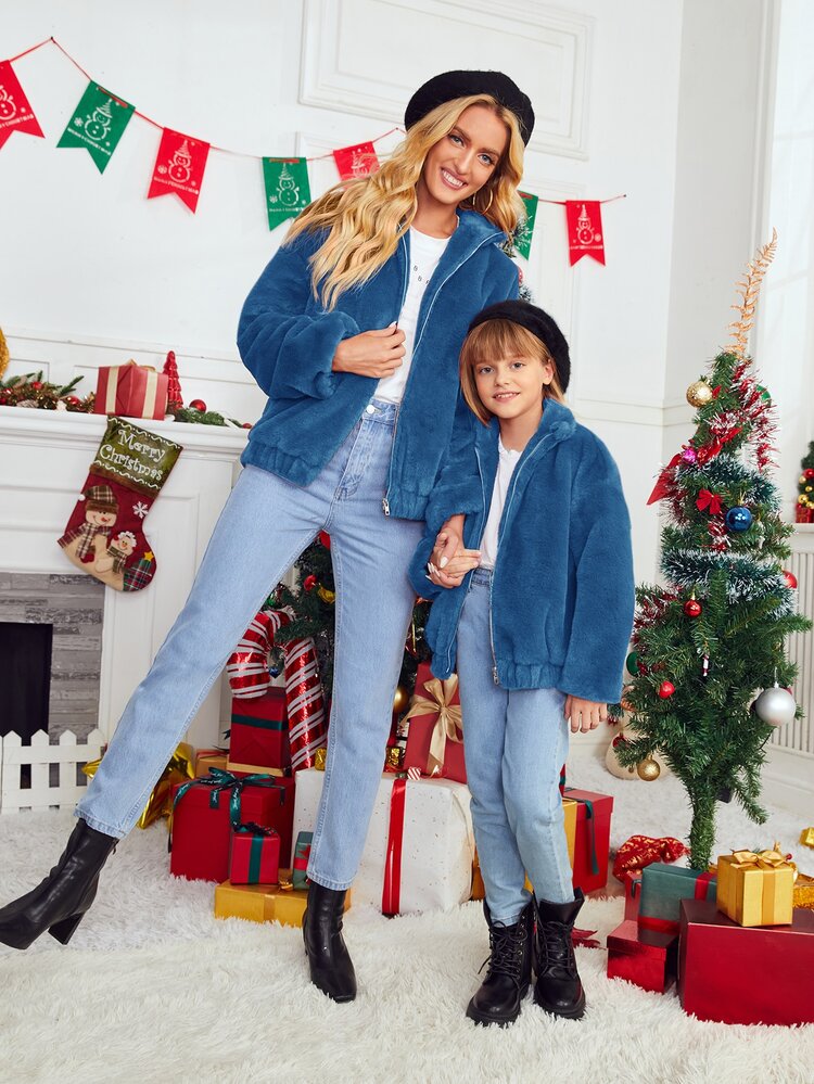 SHEIN 1入組落肩袖毛茸茸外套 - 藍色 - 查看 5