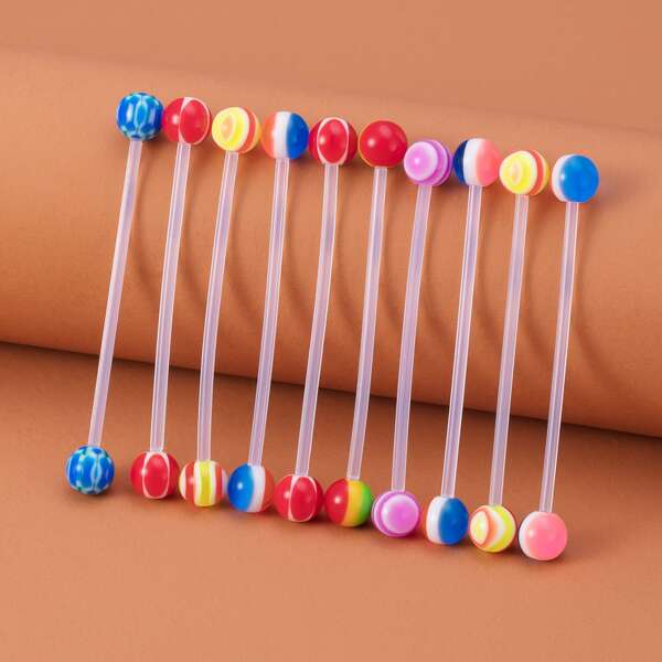 

10pcs Ball Decor Barbell Piercing Earrings, Multicolor