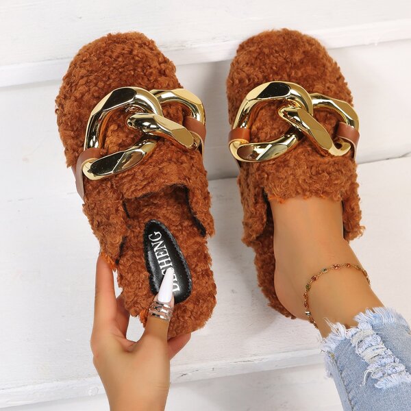 

Chain Decor Fluffy Flat Mules, Coffee brown