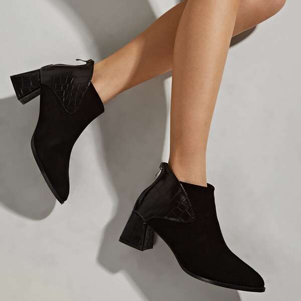 

Solid Croc Embossed Back Zipper Chunky Boots, Black