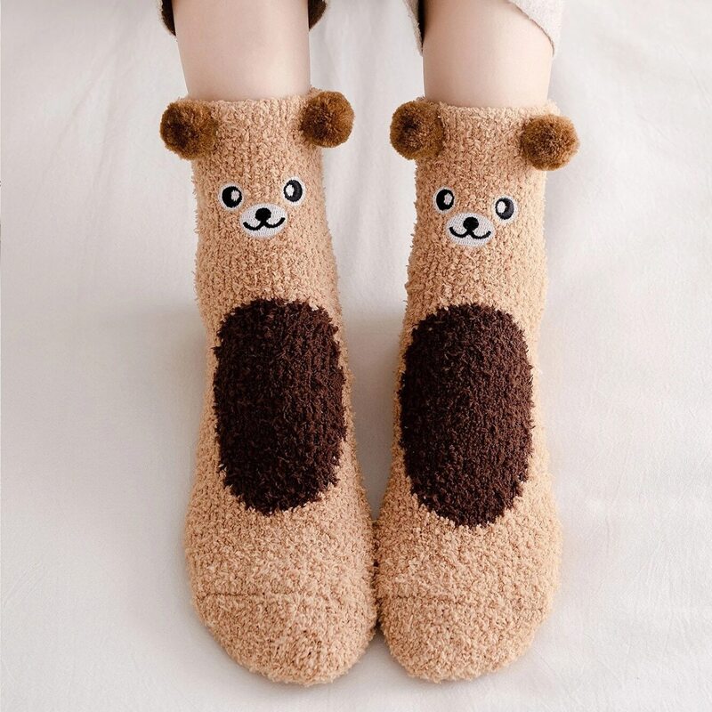 

Cartoon Bear Fluffy Crew Socks, Brown