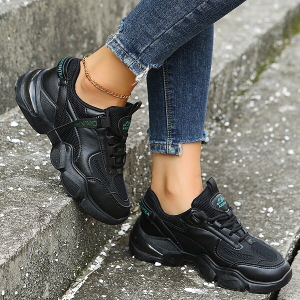 

Letter Graphic Lace-up Front Sneakers, Black