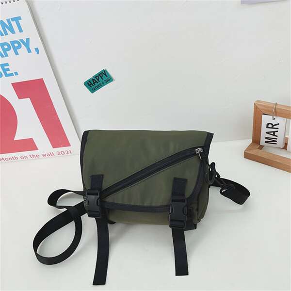 

Boys Colorblock Zip Front Messenger Bag, Army green