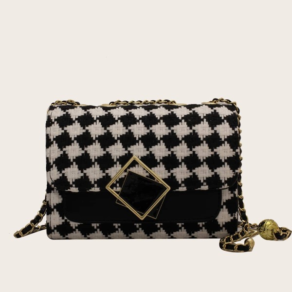 

Metal Decor Geometric Pattern Flap Square Bag, Black and white