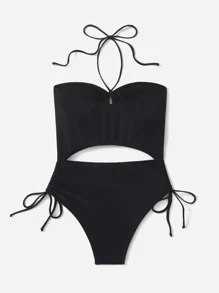 SHEIN VCAY X Gabiciamp Halter Drawstring One Piece Swimsuit - Black - View 4