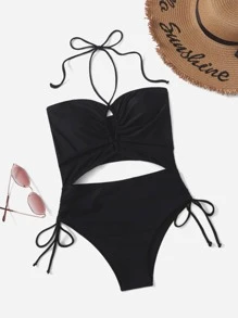 SHEIN VCAY X Gabiciamp Halter Drawstring One Piece Swimsuit - Black - View 7