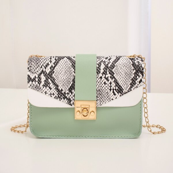 

Metal Decor Snakeskin Pattern Flap Square Bag, Multicolor