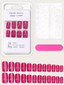 24 miếng móng tay giả đồng màu và 1 miếng dũa móng tay và 1 miếng băng dính - Màu Hồng Tươi - Xem 2