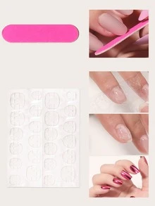 24 miếng móng tay giả đồng màu và 1 miếng dũa móng tay và 1 miếng băng dính - Màu Hồng Tươi - Xem 3