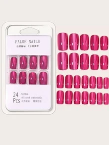 24 miếng móng tay giả đồng màu và 1 miếng dũa móng tay và 1 miếng băng dính - Màu Hồng Tươi - Xem 4