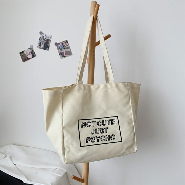 

Letter Graphic Canvas Shoulder Tote Bag, Beige