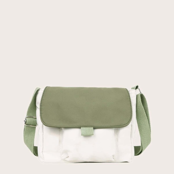 

Colorblock Flap Nylon Square Bag, Green