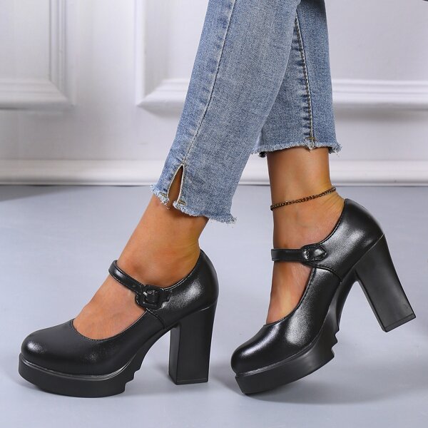 

Minimalist Buckle Decor Chunky Mary Janes, Black