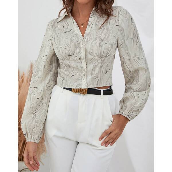 

Marble Print Lantern Sleeve Crop Blouse, Beige
