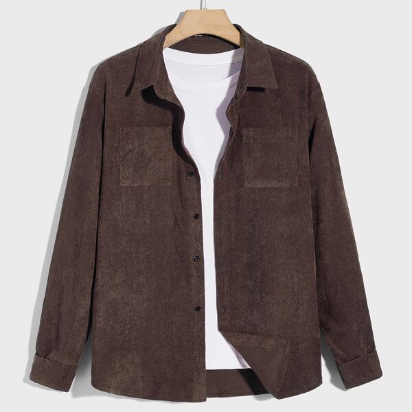 

Guys Solid Button Front Shirt, Coffee brown