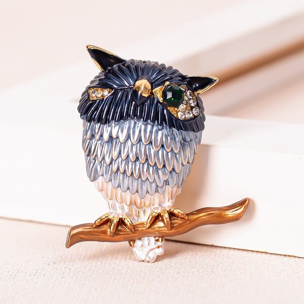 

Rhinestone Decor Owl Brooch, Navy blue